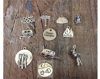 Camping Charms, Happy Camper, Camp Rocks, Teardrop Trailer, Camping Tent, RV Charm, Camp Fire, Lantern, Grill, Plate & Utensils, #7