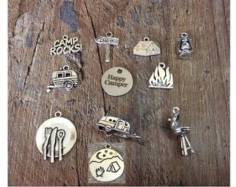 Camping Charms, Happy Camper, Camp Rocks, Teardrop Trailer, Camping Tent, RV Charm, Camp Fire, Lantern, Grill, Plate & Utensils, #7