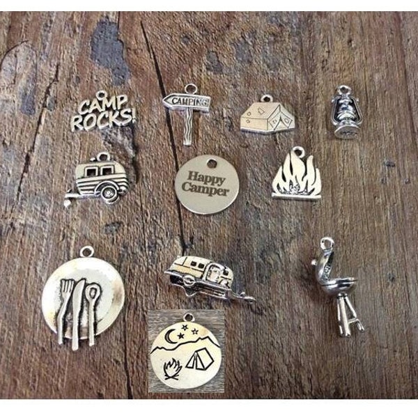 Camping Charms, Happy Camper, Camp Rocks, Teardrop Trailer, Camping Tent, RV Charm, Camp Fire, Lantern, Grill, Plate & Utensils, #7