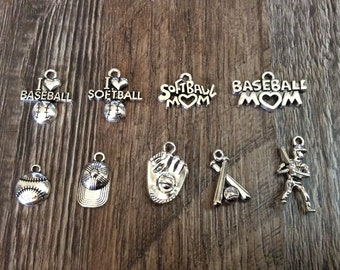 Baseball Charms, Softball Charm, I Love Baseball, I Love Softball, Softball Mom, Baseball Mom, Player, Bat, Ball, Glove, Hat, Silvertone, #4