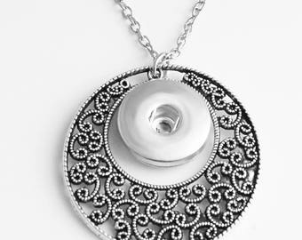 Snap Necklace Scroll Circle Snap Jewelry Necklace, 24" Link Chain, Silvertone.  Fits 18mm Ginger Snaps, Noosa, Magnolia & Vine, N7-B