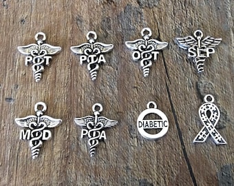 Doctor Charms, MD Charms, PA, PT, Diabetic, Autism, Medical Charms, Silvertone, For Bracelet, Necklace, Earrings, Zipper Pull, Key Chain, #5