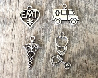 EMT Charms, Ambulance, Stethoscope, Caduceus, Emergency Medical Technician Charms, Medical Charms, Silvertone, #21