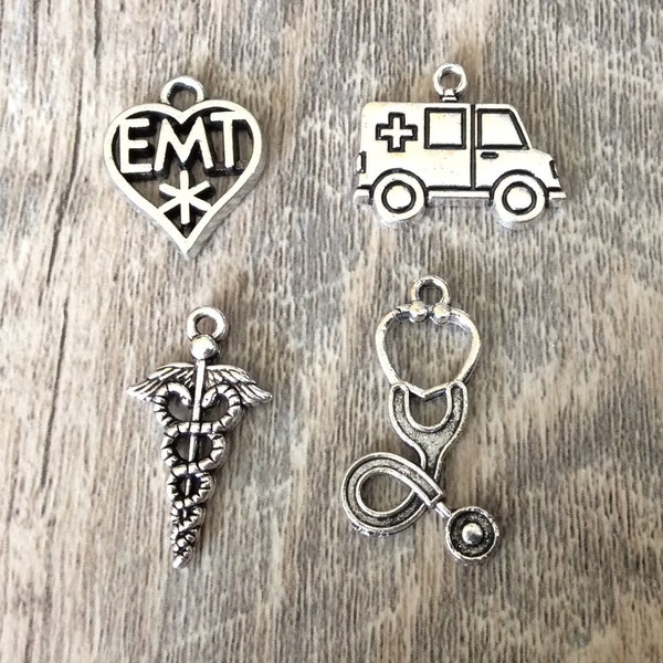 EMT Charms, Ambulance, Stethoscope, Caduceus, Emergency Medical Technician Charms, Medical Charms, Silvertone, #21