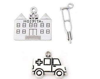 Hospital Charm, Crutches Charm, Ambulance Charm, Medical Charm, Doctor Charm, Nurse Charm, Silvertone, #5-24