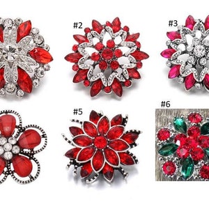 May include: Six different red and silver flower-shaped brooches with rhinestones. The brooches are numbered 1 through 6.