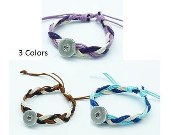 Snap Bracelet Braided Rope, Macrame, Adjustable, Blue, Purple or Brown, Silvertone.  Fits 18-20mm Ginger Snaps, Magnolia & Vine, B2-C