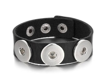 Snap Bracelet Black Leather Cuff Snap Bracelet, Silvertone.  Fits 18-20mm Ginger Snaps, Noosa, Magnolia & Vine, B12-MW