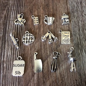 Cooking Charms, Baking Charms, Cook Book, I Love to Cook, Measuring Cup, Electric Mixer, Rolling Pin, Measuring Spoons, Grill Silvertone #14