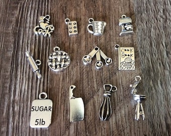Cooking Charms, Baking Charms, Cook Book, I Love to Cook, Measuring Cup, Electric Mixer, Rolling Pin, Measuring Spoons, Grill Silvertone #14