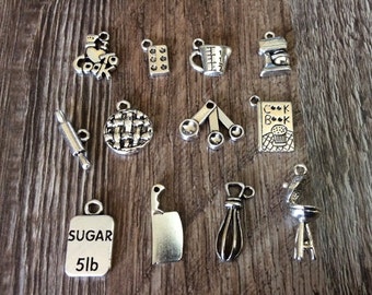 Cooking Charms, Baking Charms, Cook Book, I Love to Cook, Measuring Cup, Electric Mixer, Rolling Pin, Measuring Spoons, Grill Silvertone #14