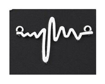 Electrocardiogram Charm, EKG, ECG, Heartbeat Charm, Medical Charm, Connector Charm, DIY Necklace Charm, Pendant, Silvertone, 1.25" x 2"