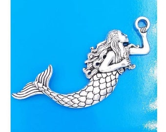 Mermaid Charm, Large Mermaid Charm, Silvertone Metal, Larger Size 36mm x 75mm Perfect for Necklaces, #0