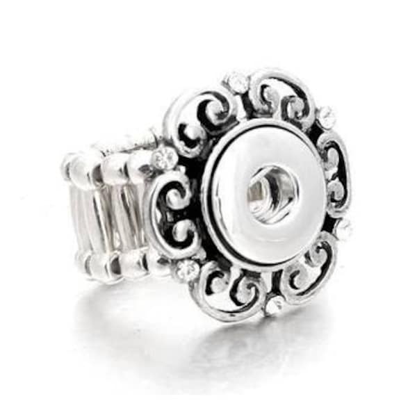 Snap Ring Curleycue, Adjustable Stretchy, Silvertone.  Fits 12mm PETITE/MINI Ginger Snaps, Noosa, Magnolia & Vine, MP1#2