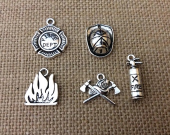 Firefighter Charms, Fireman, Fire Department, Silvertone, For Bracelet, Necklace, Earrings, Zipper Pull, Key Chain, Brooches, Bookmarks,  #7