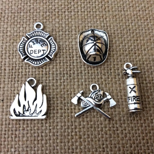 Firefighter Charms, Fireman, Fire Department, Silvertone, For Bracelet, Necklace, Earrings, Zipper Pull, Key Chain, Brooches, Bookmarks,  #7