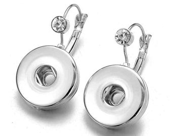 Snap Earrings Rhinestone Lever Back Closure, Snap Jewelry, Silvertone, Fits 18mm Ginger Snaps, Noosa, Magnolia & Vine, M1