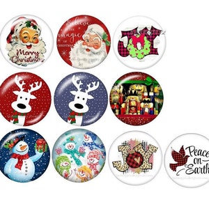 May include: A collection of Christmas-themed round buttons. Designs include Santa Claus, reindeer, snowmen, and the text "Merry Christmas," "Believe in the magic of Christmas," "Joy," and "Peace on Earth." The buttons feature red, white, green, and blue colors.