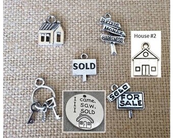 Realtor Charms, Real Estate, House Charm, Sold Charm, Keys Charm, Success Money Happiness, For Sale , I Saw I Came I Sold, Silvertone, #24