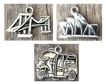 Travel Charms, Sydney Opera House Charm, Thailand Taxi Charm, Bridge Charm, Silvertone #36