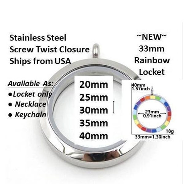 Stainless Steel Floating Locket, 20mm, 25mm, 30mm, 33mm, 35mm, 40mm, Floating Memory Glass Locket, Twist Screw Floating Locket, L3