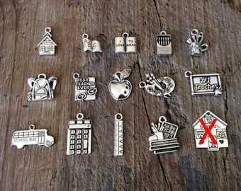 School Charms, Student Charms, Teacher Charms, Crayons, Backpack, Ruler, Bus, Calculator, Books, #1 Teacher, Best Teacher Ever Silvertone #1