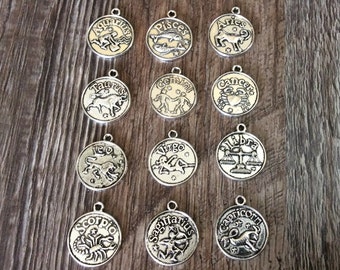 Zodiac Sign Charms, Aquarius, Pisces, Aries, Taurus, Gemini, Cancer, Leo, Virgo, Libra, Scorpio, Sagittarius, Capricorn, Silvertone, #24