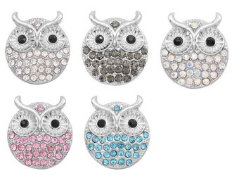 Owl Snap Rhinestone Owl, White, Grey, Aurora, Pink, Blue Snap Buttons for Snap Jewelry, Fits 18-20mm Ginger Snaps, Magnolia Vine, SC67