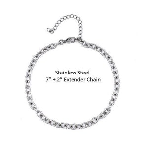 May include: A silver chain necklace with a 7-inch length and a 2-inch extender chain. The necklace is made of stainless steel.