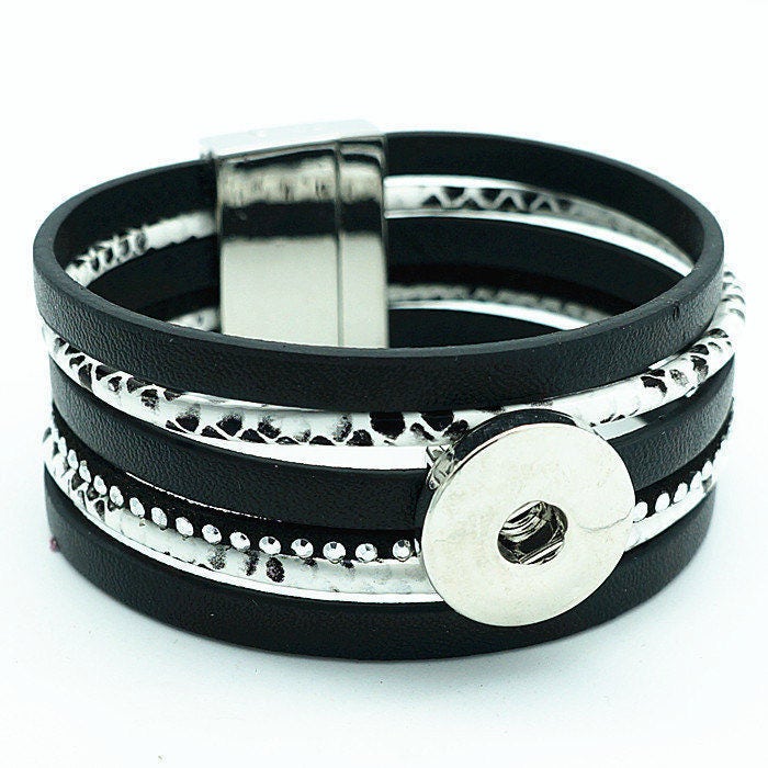 Snap Bracelet Multi Layer Leather Snap Bracelet, Snap Jewelry, Silvertone, Closure