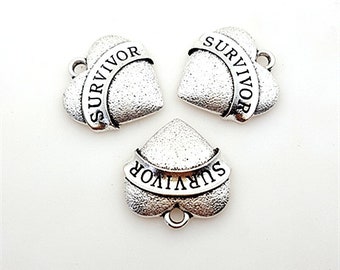Survivor Charm, Survivor Heart Charm, Inspirational Charm, Motivational Charm, Word Charm, Message Charm, 22mm, Silvertone #30-6