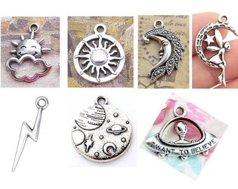 Celestial Charms, Solar System, Sun Charm, Moon Charm, Clouds Charm, Fairy Charm, Planets, Alien Ship UFO, Lightning Bolt, Silvertone, #6