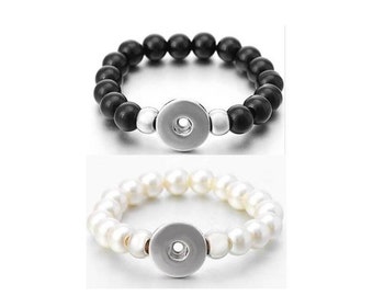 Snap Bracelet Black or Ivory Stretchy Bead Snap Bracelet, Silvertone, 10mm Bead.  Fits 18mm Ginger Snaps, Noosa, Magnolia & Vine, B6-V