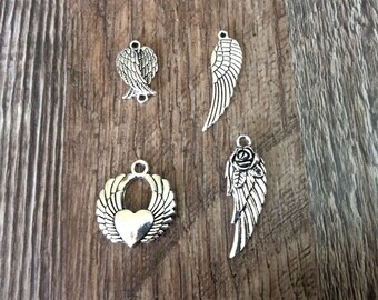 Angel Wing Charms, Double Angel Wings Charm, Angel Wing Rose, Angel Wings Heart, Memorial Charm, Loss, Remembrance Charms, Silvertone, #6