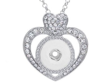 Heart Snap Necklace, Rhinestones, Snap Jewelry, Silvertone, 24" Chain, Fits 18mm Ginger Snaps Noosa Magnolia & Vine N18-A