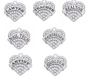 Professions Rhinestone Heart Charm, Realtor Charm, Lawyer Charm, Teacher Charm, Nail Tech, Hairdresser, Artist Charm, Quilter Charm, RC#5