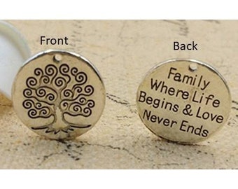 Tree of Life Charm, Family Where Life Begins & Love Never Ends Charm, 2-sided Charm,  Silvertone, #33-21