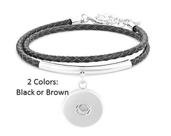 Snap Bracelet Braided Leather Slide Bar Snap Bracelet, Black or Brown, Silvertone.  Fits 18mm Ginger Snaps, Noosa, Magnolia & Vine, B1-V
