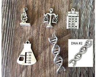 Chemistry Charms, Microscope Charm, Balance Scales Charm, Beaker Charms, DNA Charm, Calculator Charm, Science Charms, Silvertone, #21