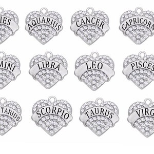 Zodiac Rhinestone Heart Charms, Astrological Sign Charms, Astrology Charms, Zodiac Charms, RC#6