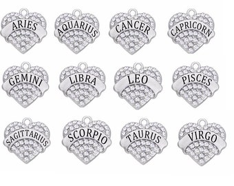 Zodiac Rhinestone Heart Charms, Astrological Sign Charms, Astrology Charms, Zodiac Charms, RC#6