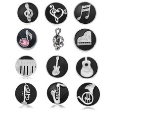 Music Snaps, Musical Note Snaps, Piano, Guitar, Saxophone, Trumpet, French Horn Snaps, Instrument, Fits 18mm Ginger Snaps Magnolia Vine SC26