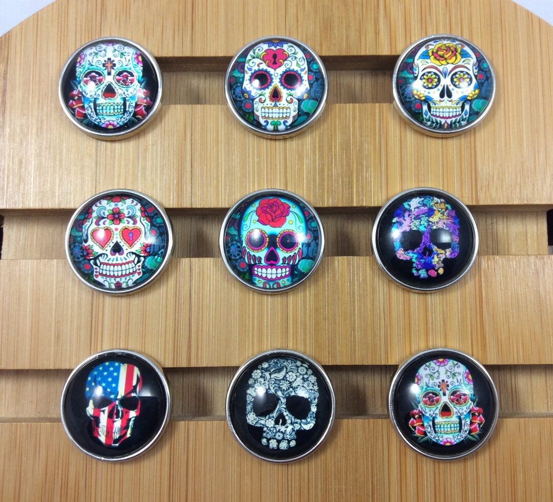 Skull Snaps, Day of the Dead Snaps, Sugar Skull Snap for Snap Jewelry. Fits 18mm Ginger Snaps