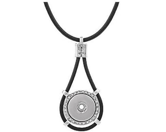 Snap Necklace Leather Cord Rhinestone Snap Necklace, Black, Silvertone. Fits 18mm Ginger snaps, Noosa, Magnolia & Vine, N14-V