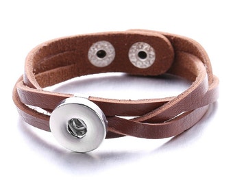 Brown Leather Snap Bracelet Criss Cross, Adjustable, Silvertone.  Fits 18mm Ginger Snaps, Noosa, Magnolia & Vine, B51 - #2