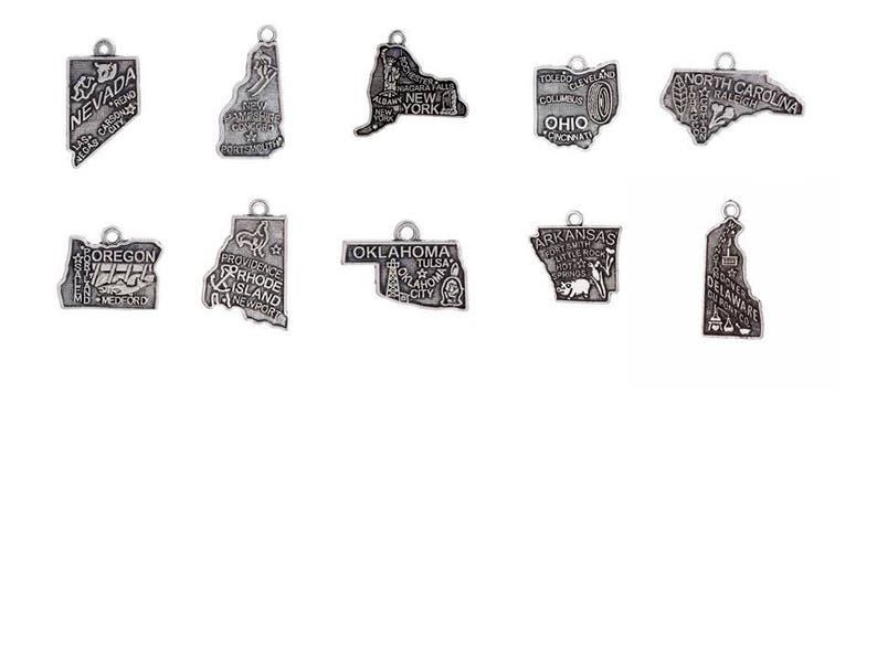 State Charms, Map Charms, 50 States Charms + DC, Silvertone, For Bracelet, Necklace, Earrings, Zipper Pull, Key Chain Brooches, Bookmarks image 3