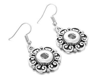 Snap Earrings Hook Earrings, Curlycue Snap Jewelry Earrings, Silvertone, Fits 12mm PETITE/MINI Ginger snaps, Magnolia Vine, MP1-MW
