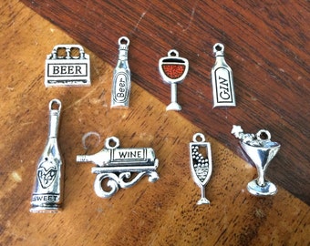 Cocktail Charms, Drink Charms, Martini, Gin, Champagne Glass, Wine Glass, Wine Bottle, Wine Bottle Stand, Beer Bottle, Silvertone, #2