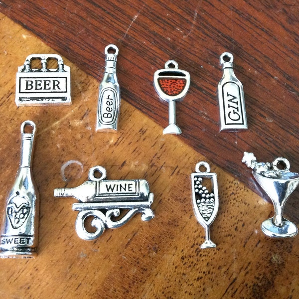 Cocktail Charms, Drink Charms, Martini, Gin, Champagne Glass, Wine Glass, Wine Bottle, Wine Bottle Stand, Beer Bottle, Silvertone, #2