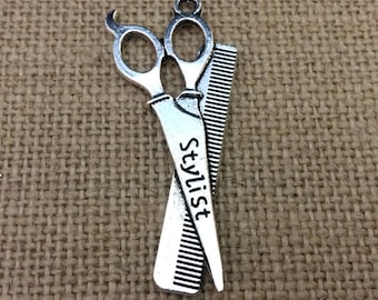 Hair Stylist Charm, Hairdresser Charm, Stylist Scissors Charm, Hair Scissors Charm, Silver Tone Metal, Larger Size Perfect for Necklaces